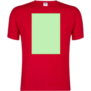 A red adult T-shirt featuring a blank green rectangle in the centre and includes a logo.