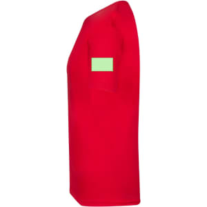 A red adult T-shirt featuring a small logo on the sleeve, showcasing a simple and classic design.