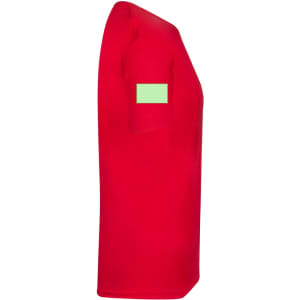 A red adult T-shirt featuring a logo on the sleeve, shown from the side.