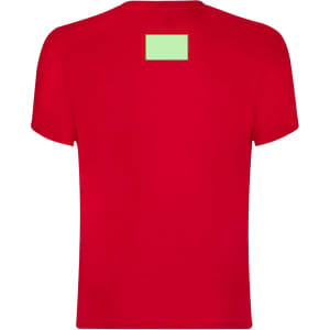A red adult T-shirt with a plain back and a small logo at the neck area.