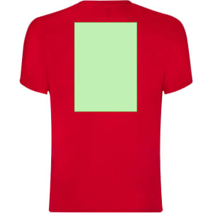 A red adult T-shirt featuring a blank green rectangular area on the back and a logo on the front.