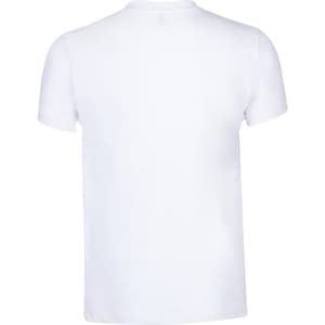 A plain white adult t-shirt with a short sleeve design and a simple back view. It features one logo.