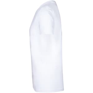 A white adult T-shirt displayed from the side, featuring a logo on the fabric.