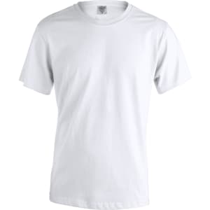 A plain white adult t-shirt with short sleeves, featuring a logo on the label inside the neckline.