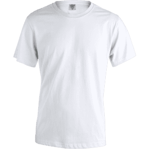 A plain white adult t-shirt featuring short sleeves and a classic crew neck design, with a branding label inside.