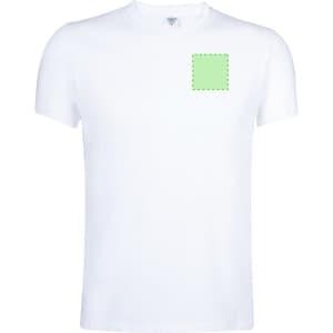 A white adult t-shirt with a square area outlined in green, indicating a placement for design or branding.