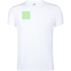 A white adult T-shirt featuring a blank green area and a logo on the front.