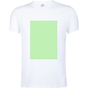 A white adult t-shirt featuring a blank green area in the centre and a logo on the label.