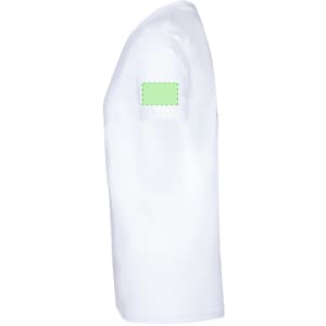 A white adult T-shirt featured from the side, with a green patch on the sleeve.