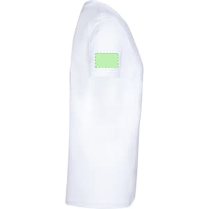 A white adult t-shirt with a visible arm section and a logo on one side.