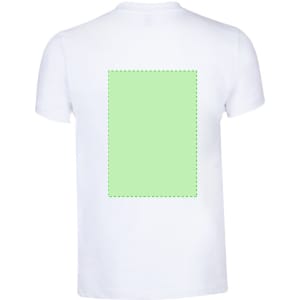 A white adult T-shirt featuring a green rectangle design on the back and a logo imprint.