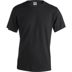 A black adult t-shirt with a crew neck and short sleeves, featuring a label and a logo.