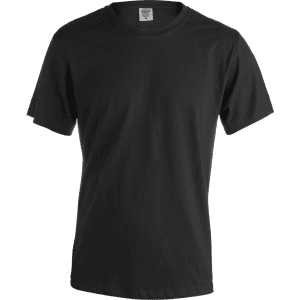 A black adult t-shirt featuring a classic crew neck design and short sleeves, with a logo on the label.