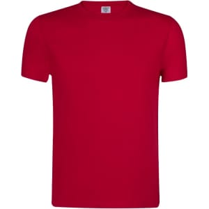 A plain red adult T-shirt with a crew neck and short sleeves, featuring a logo on the label.