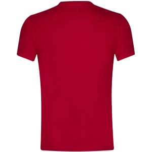 A red adult T-shirt featuring a plain back design and a brand logo.