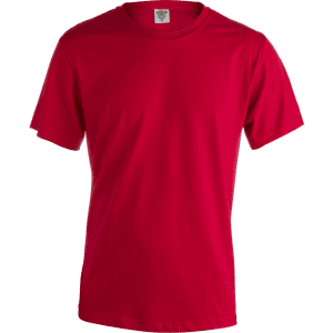 A red adult t-shirt with a crew neck and short sleeves, featuring a logo on the label.