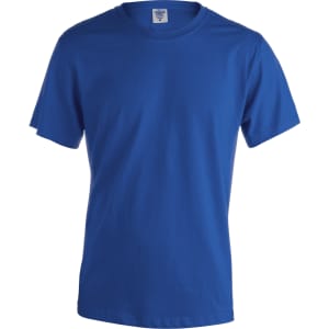 A blue adult T-shirt with short sleeves and a crew neck, featuring a logo.