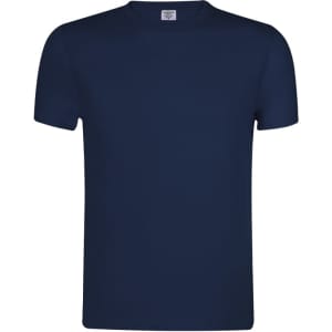 A plain navy adult T-shirt with short sleeves, featuring a logo on the collar.