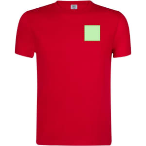 A red adult T-shirt featuring a small green patch on the front and a logo.