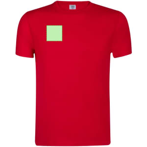 A red adult t-shirt featuring a green square detail on the front and a logo on the label.