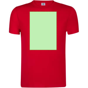 A red adult t-shirt featuring a large green rectangle design on the front. The shirt has a logo on the label.