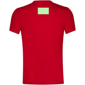 A red adult T-shirt with a blank green patch on the back and a logo on the front.