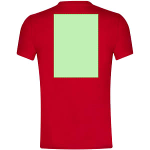 A red adult T-shirt with a blank green rectangular area on the back and a logo on the front.