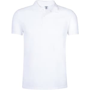 A white adult polo shirt featuring a collar and short sleeves, with a logo on the front.