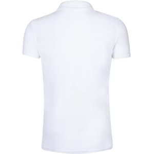 A white polo shirt with a classic design, featuring short sleeves and a collar, with a logo on the chest.