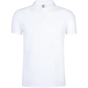 A white polo shirt with a classic collar, featuring a logo at the neckline. Short sleeves and a simple design.
