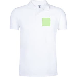 An adult white polo shirt featuring a logo area on the chest. Suitable for various occasions.