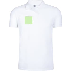 A white polo shirt featuring a square area for branding or decoration. It has a classic collar and short sleeves.