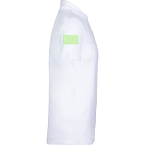A white polo shirt with a short sleeve and a blank patch on the shoulder for branding or customisation.