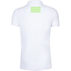 A white adult polo shirt featuring a logo on the back and a blank patch for customisation.