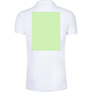 A white polo shirt with a green square area on the back and a logo on the front.