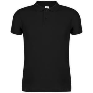A black MPS180 Adult Colour Polo Shirt with a classic collar and three buttons, featuring a logo.