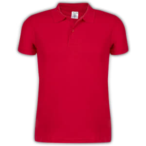 A red adult polo shirt featuring a collar and a logo on the chest area.