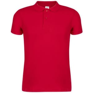 A red polo shirt with a classic collar and three-button placket, featuring a small logo on the chest.