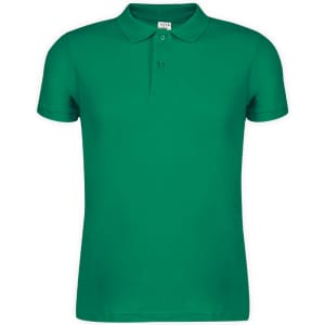 A green adult polo shirt with a classic collar and three buttons, featuring a logo on the chest area.