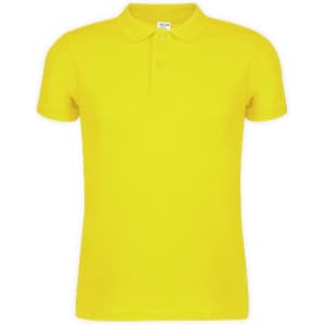 A bright yellow polo shirt with a classic collar and three buttons, featuring a logo on the chest area.