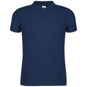 A navy blue adult polo shirt featuring a collar and a logo.