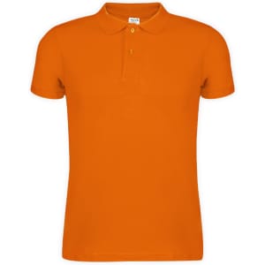 An orange adult polo shirt with a collar and three buttons, featuring a branding logo.