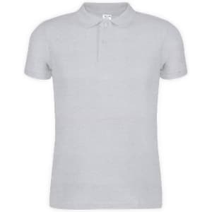 A light grey polo shirt with short sleeves and a collar, featuring a logo on the chest.