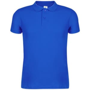 A blue adult polo shirt with a collar and three buttons, featuring a branding logo.