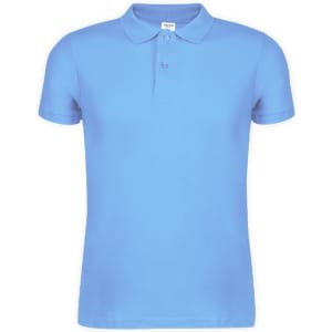 A light blue polo shirt with a collar, short sleeves, and three buttons, featuring a logo.