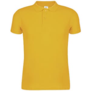 A bright yellow adult polo shirt with a collar and buttons, featuring a logo.