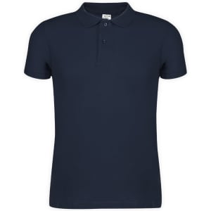A navy blue adult polo shirt with a collar, featuring buttons and a logo on the chest.