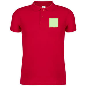 A red adult polo shirt featuring a square patch area, accompanied by a logo on the shirt.