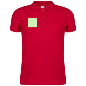 A red adult polo shirt featuring a square patch on the front. The shirt has a collar and buttons.