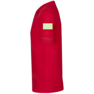 A red polo shirt with a short sleeve and a logo on the sleeve, featuring a simple design.
